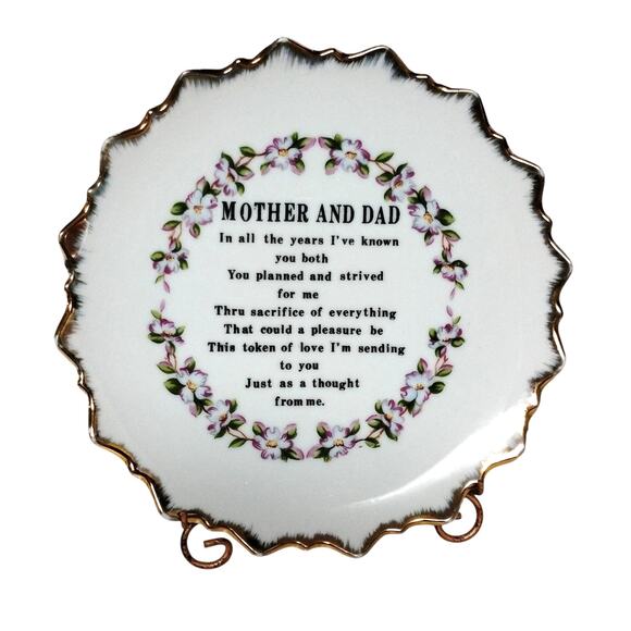 Tribute to Mother Dad Floral Plate Wall Hanging 7" VTG Retro Parent Gift Poem - Picture 10 of 16